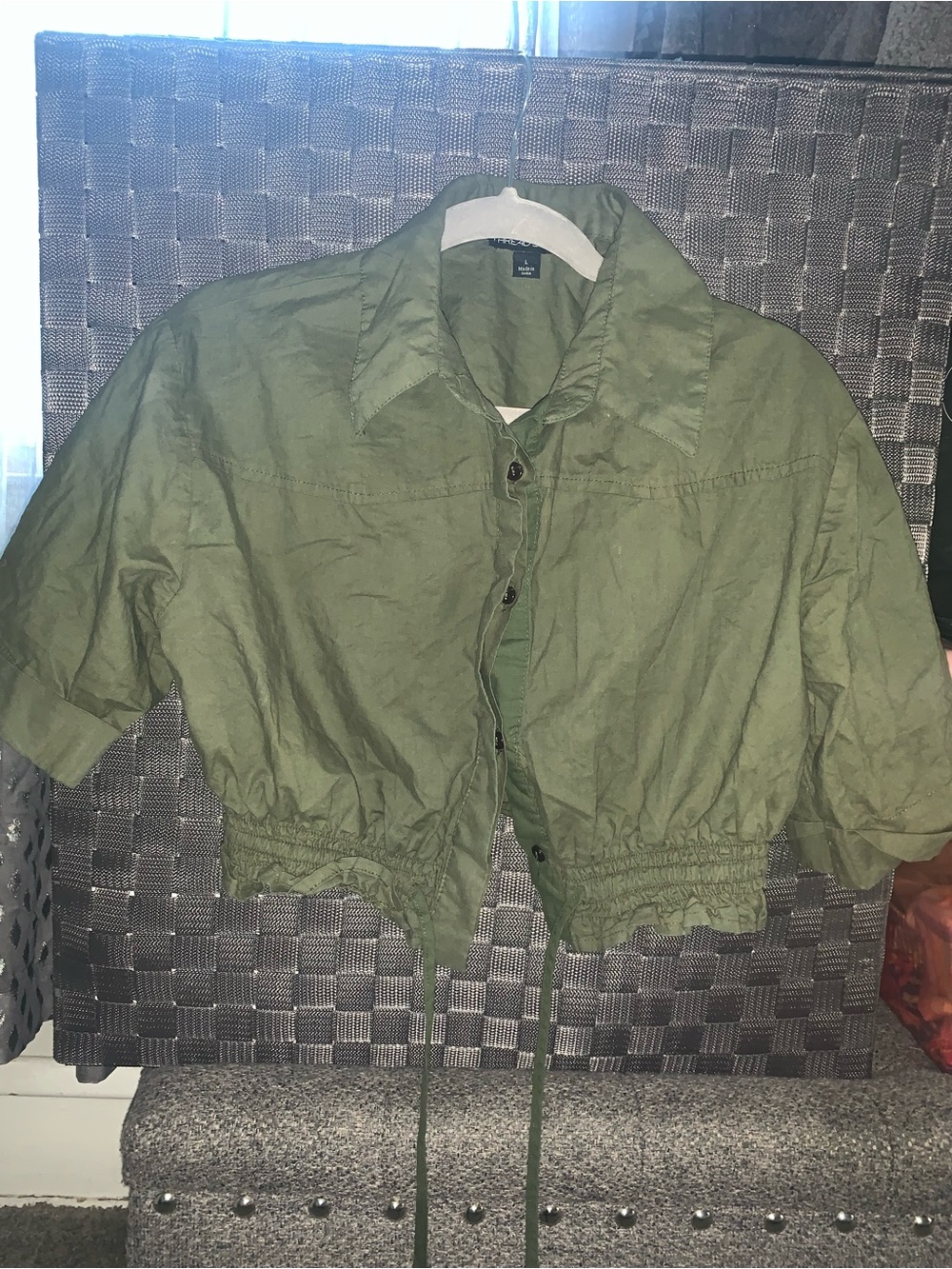 Olive Cropped Button-Front shirt with Drawstring Waist